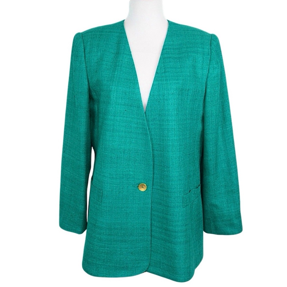 LEO NARDUCCI Vintage Teal Silk Blazer Single Button Jacket Women's Size Large